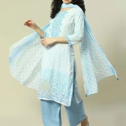 Rangriti White & Blue Printed Kurta and Palazzo Set With Dupatta image 5