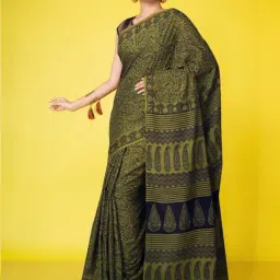 Unnati Silks Green Cotton Printed Saree With Unstitched Blouse-image-67