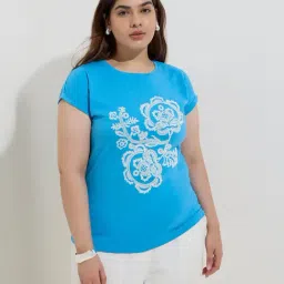 Gia by Westside Blue Floral Printed Cotton T-Shirt-picture-18