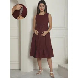 Moms Maternity Womens Black Dot Organic Khadi Cotton Maroon Maternity Midi Dress-image-30