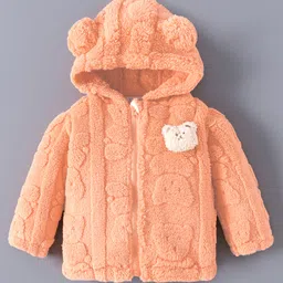 Kookie Kids Full Sleeves Front Open Hooded Fur Winter Jacket with Ears Applique & Bear Patch Detailing - Orange-picture-23