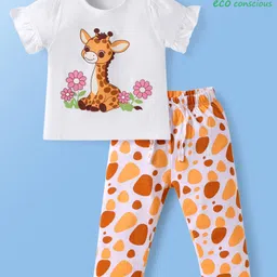 babyoye Babyoye100% Cotton Knit Half Sleeves Night Suitwith Giraffe Print - White & Orange-picture-11