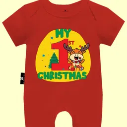 The Peppy Tend Christmas Theme 100% Cotton Half Sleeves My 1st Christmas Text Printed Romper - Red-picture-11