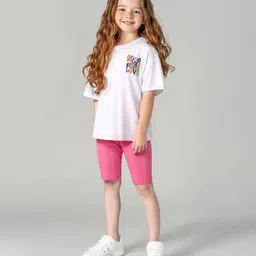 Primo Gino Cotton Knit Oversized Drop Shoulder T-Shirt & Cycling Shorts Set With Good Times Text Printed- White-picture-10