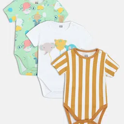 MINI KLUB Cotton Pack Of 3 Half Sleeves Striped & Animal Printed Onesies - Brown & White-picture-21