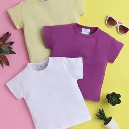 Knitting Doodles Pure Cotton Pack Of 3 Half Sleeves Solid Tee - White Lemon & Purple-image-59