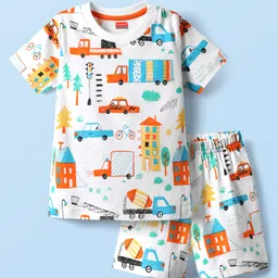 Babyhug Cotton Knit Half Sleeves Co-ords Shorts Night Suit With Vehicle Print - White-picture-38