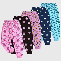 KUCHIPOO Cotton Knit Pack Of 5 Floral & Hearts Printed Joggers - Pink Black Lilac Navy & Aqua Blue-picture-39