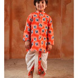 AJ Dezines Cotton Woven Full Sleeves Floral Motifs Printed Kurta Dhoti Set - Orange-picture-35