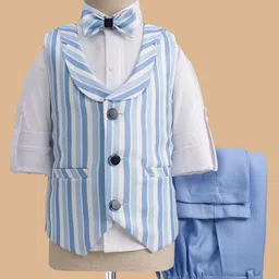Rikidoos Full Sleeves Striped 3 Piece Party Suit With Bow Set - White & Light Blue-image-10