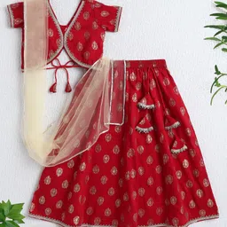The Magic Wand Woven Half Sleeves Ethnic Motif Printed & Gota Lace Embellished Lehenga Choli With Dupatta Set - Red-image-27