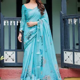 ALMAARI FASHION Floral Printed Zari Pure Linen Banarasi Saree With Unstitched Blouse Piece-picture-10