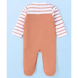Babyhug Cotton Knit Full Sleeves Striped Sleep Suit With Teddy Bear Print & Ear Applique - Light Brown image 2