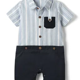 Mark & Mia Cotton Woven Half Sleeves Party Romper with Bow & Suspender with Stripes - Navy Blue image 2