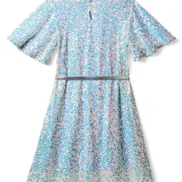 Hola Bonita Knit Half Sleeves Party Dress with Sequin Detailing & Belt - Light Blue image 3