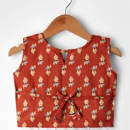 Teentaare Cotton Woven Sleeveless Floral Printed Choli Lehenga Set with Dupatta - Rust Orange image 3