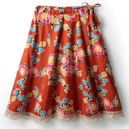 Teentaare Cotton Woven Sleeveless Floral Printed Choli Lehenga Set with Dupatta - Rust Orange image 4