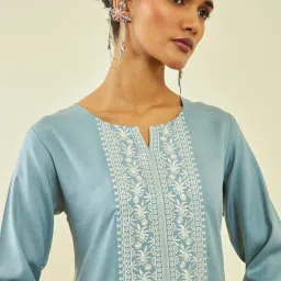 Soch Grey Rayon Floral Embroidered Yoke Straight Kurta with Pocket image 5