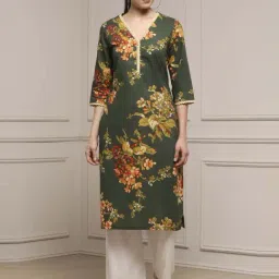 Biba Olive Green Cotton Straight Fit Floral Print Kurta-picture-11