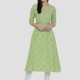 Span Green Cotton Printed A Line Kurta image 1