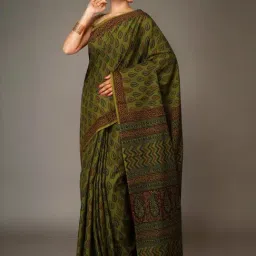 Unnati Silks Green Cotton Printed Saree With Unstitched Blouse-picture-35
