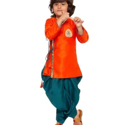 VASTRAMAY Kids Orange & Bottle Green Embroidered Kurta Set image 1