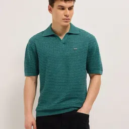 The Bear House Green Relaxed Fit Textured Polo T-Shirt-picture-18