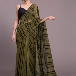 Suta Olive Green Cotton Striped Saree Without Blouse image 1