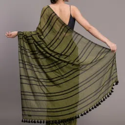 Suta Olive Green Cotton Striped Saree Without Blouse image 2