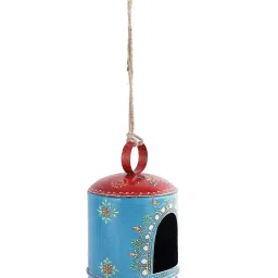 Aapno Rajasthan Hand-painted Blue & Red Metal Handcrafted Bird House image 5