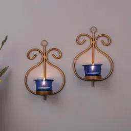 Homesake 'Easter' Blue & Golden Metal Wall Candle Holder With Tea Light Candle - Set of 2-image-24