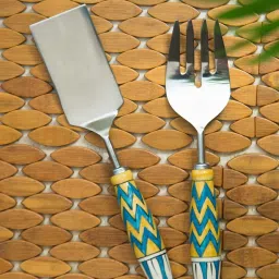 ExclusiveLane 'The Mughal Paich Daar' Serving Fork & Scraper In Stainless Steel & Ceramic (Set of 2) image 1