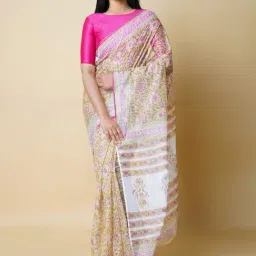 Unnati Silks Beige Cotton Floral Print Saree With Unstitched Blouse-picture-14