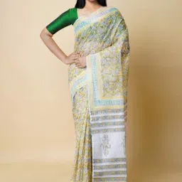 Unnati Silks Yellow Cotton Floral Print Saree With Unstitched Blouse-image-52
