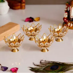 eCraftIndia Gold Crystal Lotus Shape Crystal Diyas - Set of 8 image 5