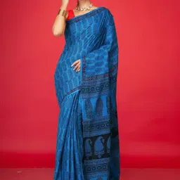 Unnati Silks Blue Cotton Printed Saree With Unstitched Blouse-image-20