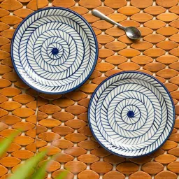 ExclusiveLane 'Indigo Chevron' Hand-painted Ceramic Quarter Plates (Set of 2, Microwave Safe) image 1