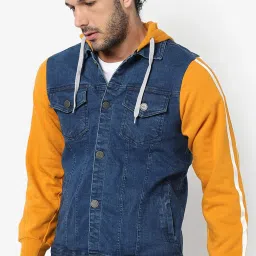 Campus Sutra Mustard & Blue Cotton Regular Fit Colour Block Denim Jacket image 1