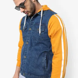Campus Sutra Mustard & Blue Cotton Regular Fit Colour Block Denim Jacket image 3