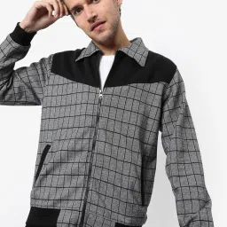 Campus Sutra Black & Grey Cotton Regular Fit Checks Jacket image 1
