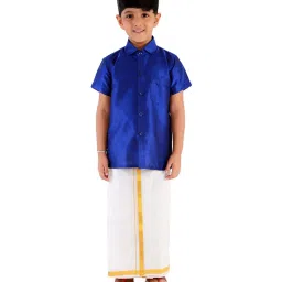 VASTRAMAY Kids Blue & White Shirt Mundu Set image 3
