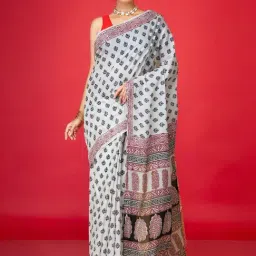 Unnati Silks White Cotton Printed Saree With Unstitched Blouse-image-5