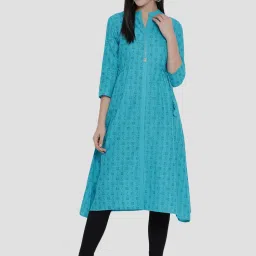 Span Blue Cotton Printed A Line Kurta image 1