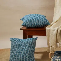Fabindia Home Mihira Woven Teal Cotton Cushion Cover image 1