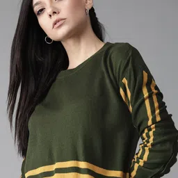 Roadster Women Olive Green & Yellow Striped Detail Sweater-picture-20