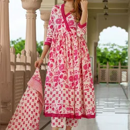 KALINI Floral Printed Anarkali Pure Cotton Kurta With Trousers & Dupatta image 5