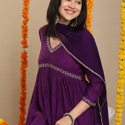 Anni Designer Floral Embroidered Regular Anarkali Kurta with Trousers & Dupatta image 3