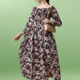 CORSICA Women Floral Printed Smocked Pleated Cotton Fit & Flare Dress image 2