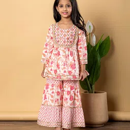 READIPRINT Cotton Three Fourth Sleeves Floral Embroidered & Gota Lace Embellished Frock Style Coordinating Kurta & Sharara Set - Pink-picture-18