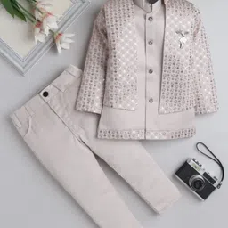 Fourfolds Swirl Embroidered & Sequins Embellished Kurta & Trousers With Full Sleeves Jacket - Beige-picture-12